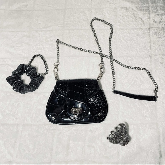 Kristine Accessories Mini Purse with Chain Strap in Croc Faux Leather Black - Picture 3 of 5